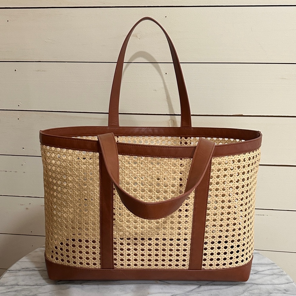 Rattan and leather tote bag